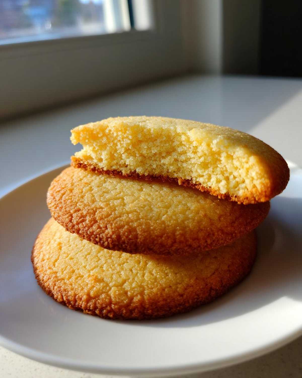 A stack of three golden brown sugar cookie rounds, with the top one broken to show the soft, chewy interior texture.