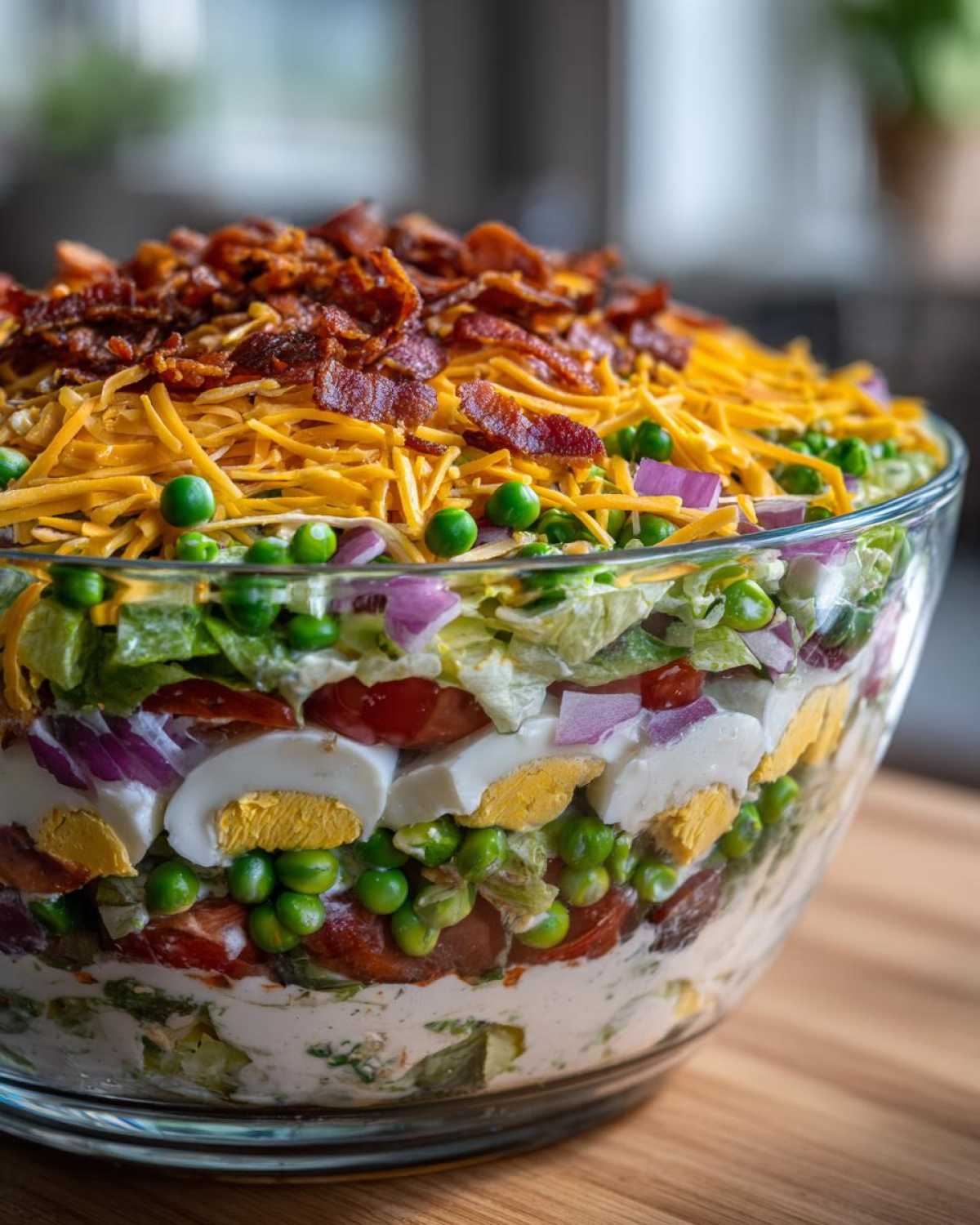 Close-up of a vibrant 7 layer salad in a clear glass bowl, topped with bacon and cheese.