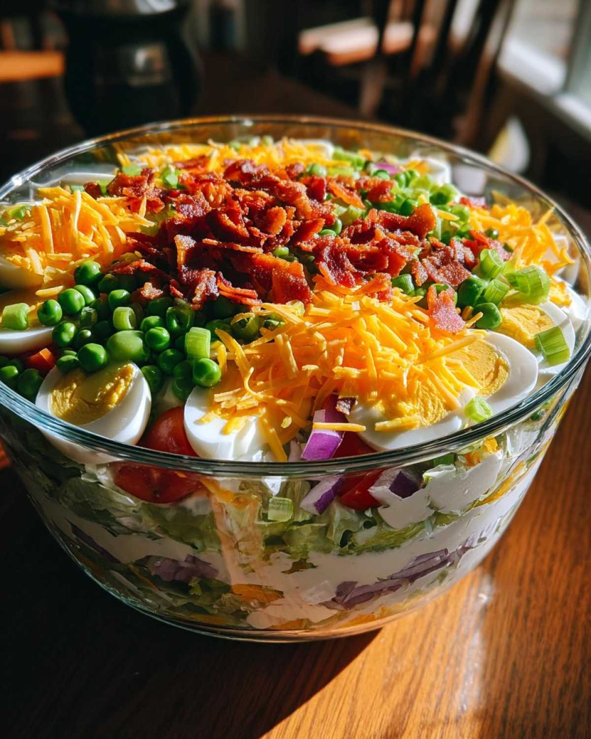 Close-up of a vibrant 7 layer salad in a clear glass bowl, topped with bacon, cheese, peas, and eggs.
