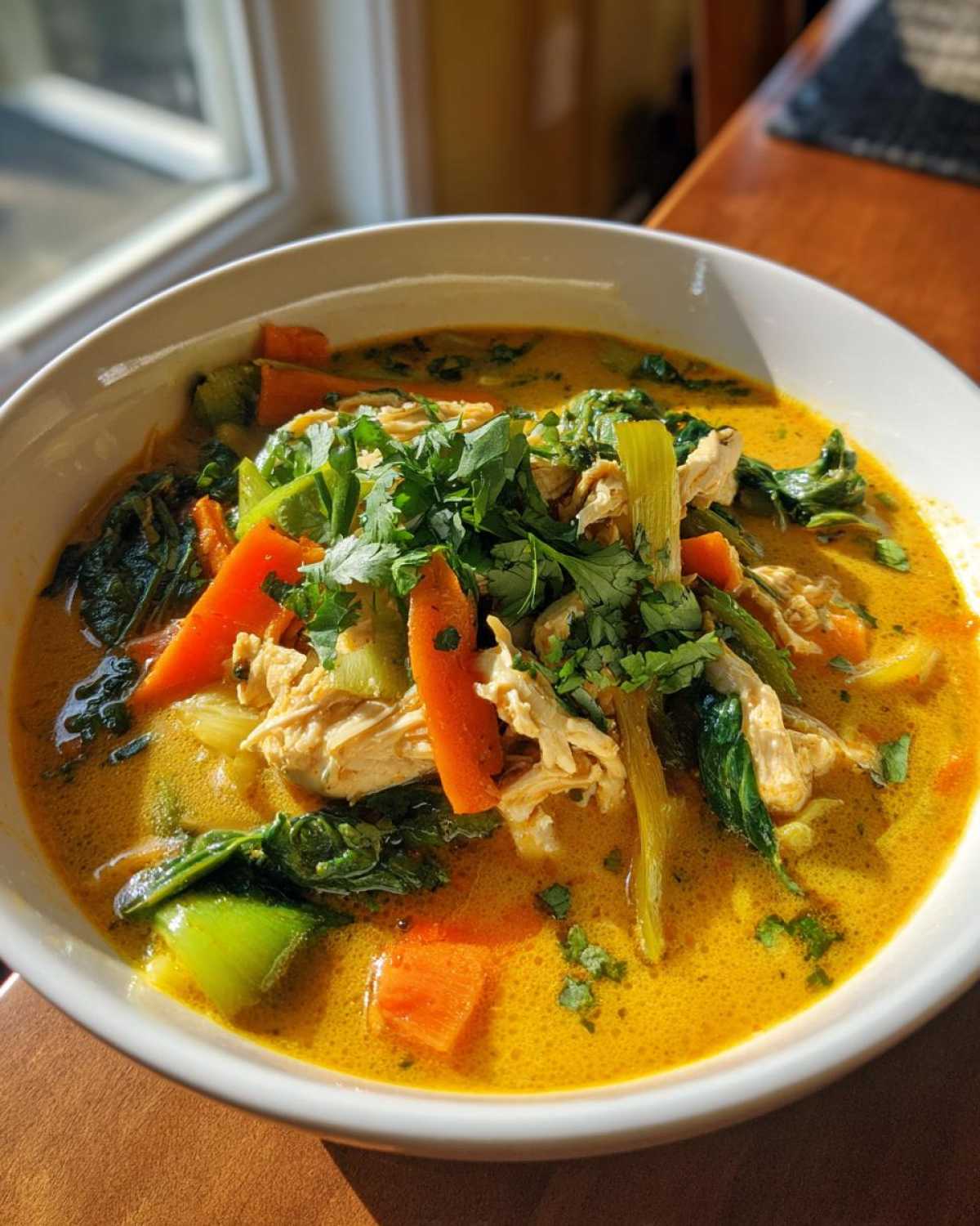 A close-up of a white bowl filled with rich, yellow coconut curry soup topped with shredded chicken, bright orange carrots, bok choy, and fresh cilantro.