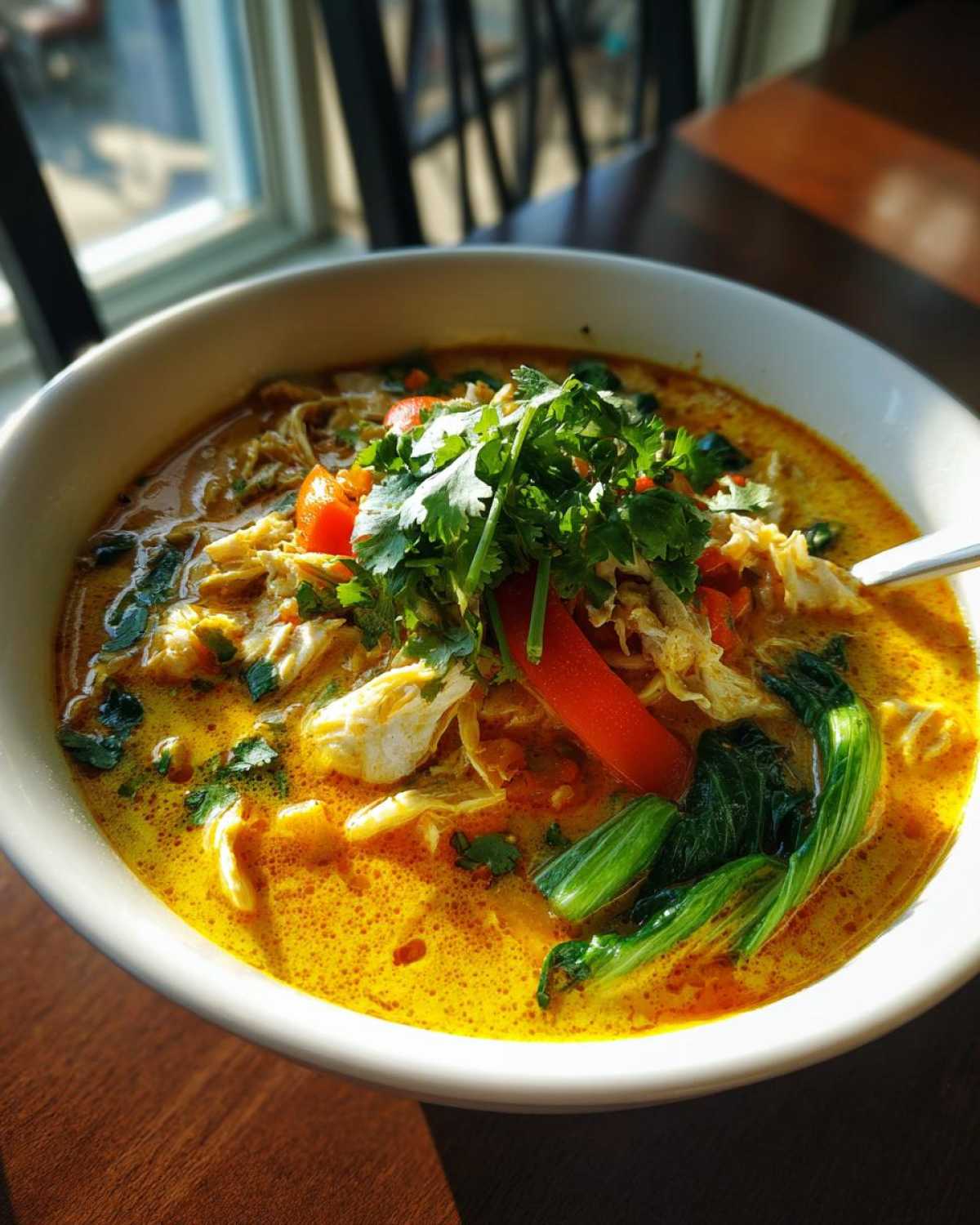 A close-up of a vibrant, yellow coconut curry soup topped with shredded chicken, red pepper, bok choy, and fresh cilantro.