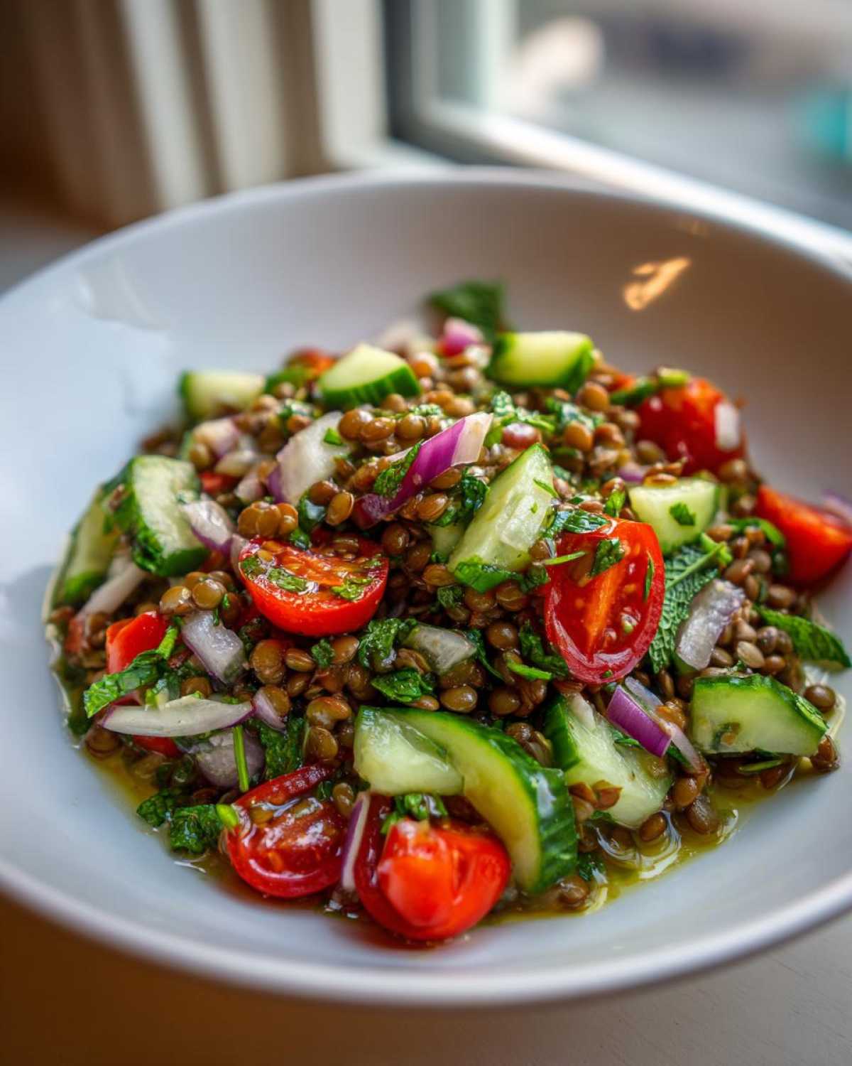 Close-up of a vibrant lentil salad featuring brown lentils, cherry tomatoes, cucumber chunks, and red onion.