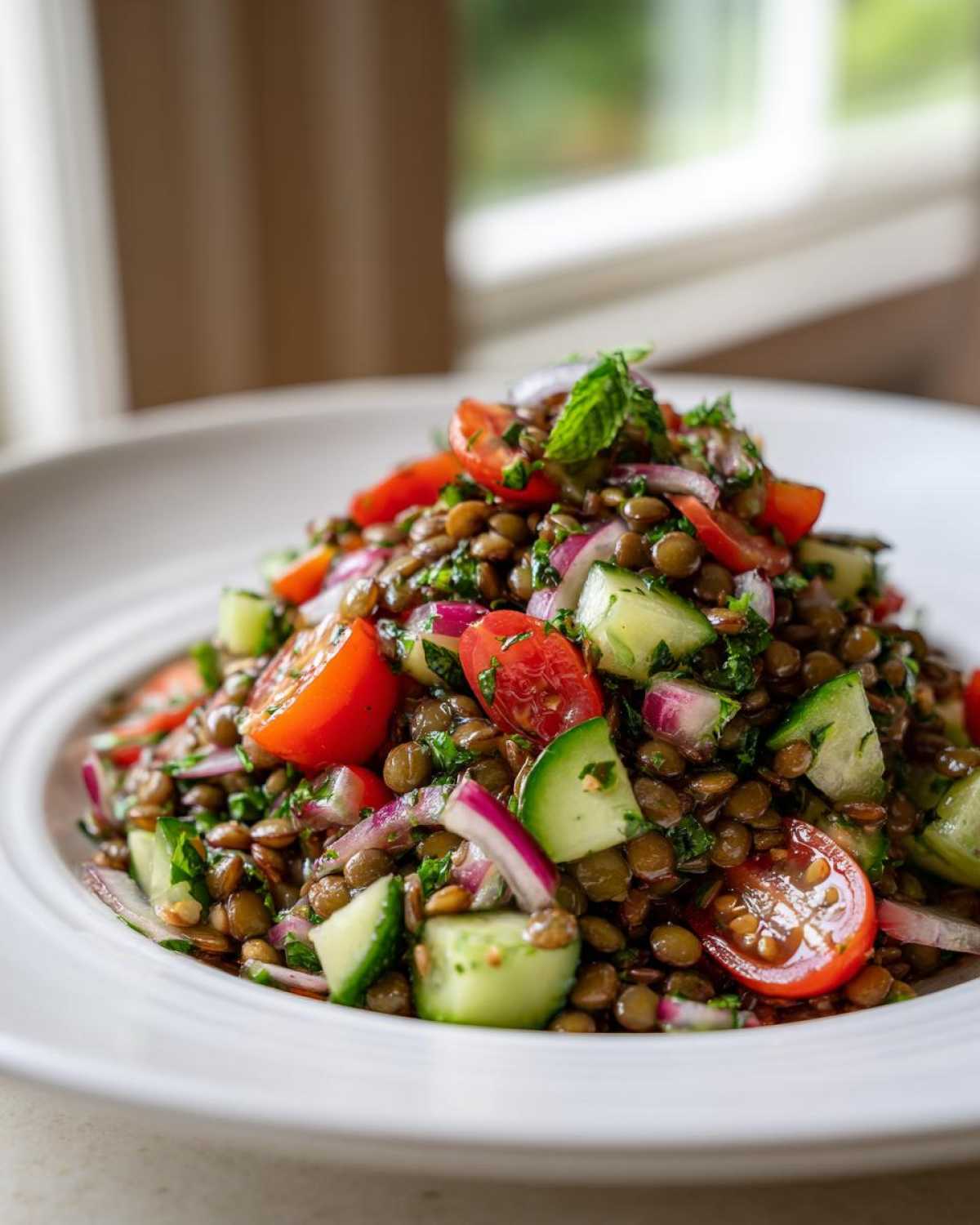 Close-up of a vibrant lentil salad featuring brown lentils, cherry tomatoes, cucumber chunks, and red onion.