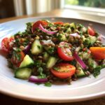 Close-up of a fresh lentil salad featuring brown lentils, chopped cucumber, halved cherry tomatoes, and red onion slices.