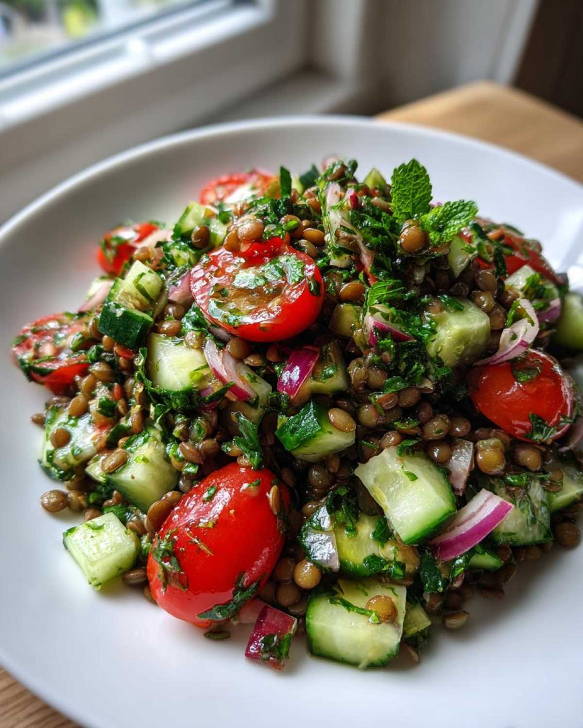 Close-up of a vibrant lentil salad featuring brown lentils, halved cherry tomatoes, diced cucumber, red onion, and mint.