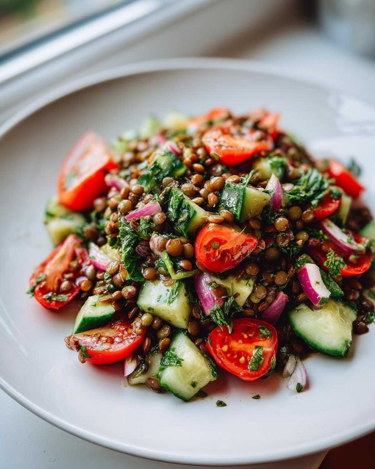 Close-up of a fresh lentil salad featuring brown lentils, chopped cucumber, cherry tomato halves, and red onion.