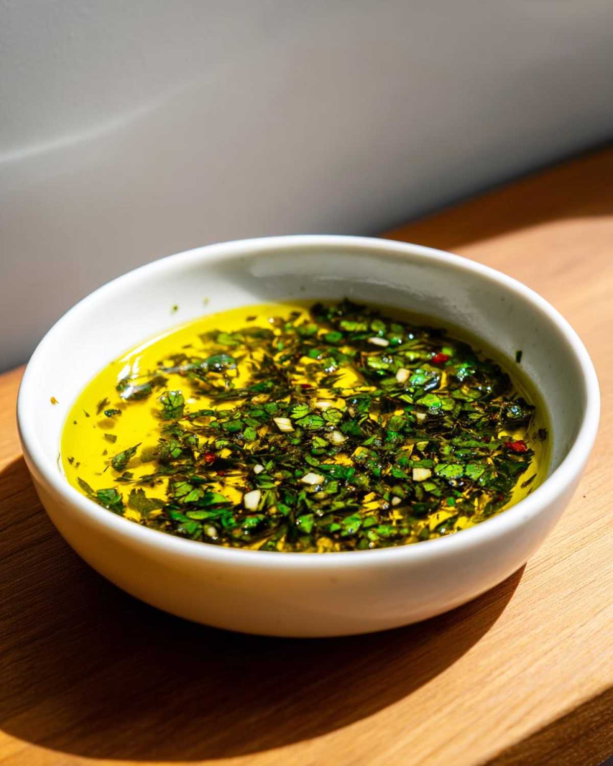 Close-up of a white bowl filled with bright yellow olive oil bread dip featuring chopped green herbs and garlic.