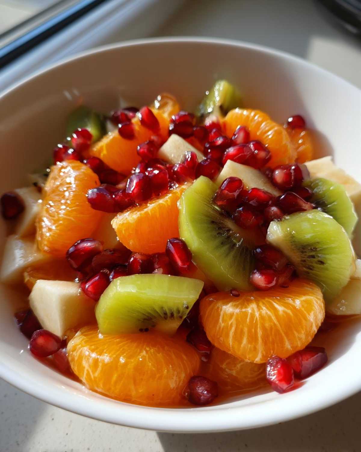 Close-up of a vibrant winter fruit salad featuring mandarin oranges, kiwi slices, and pomegranate seeds in a white bowl.