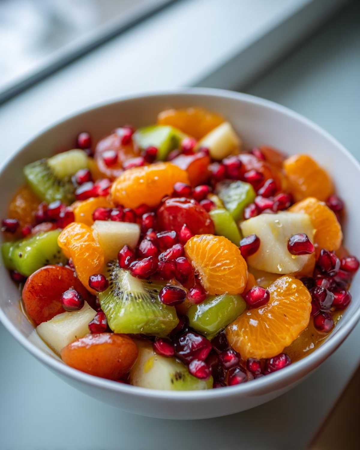 Close-up of a bright winter fruit salad featuring mandarin segments, kiwi slices, and ruby red pomegranate seeds.