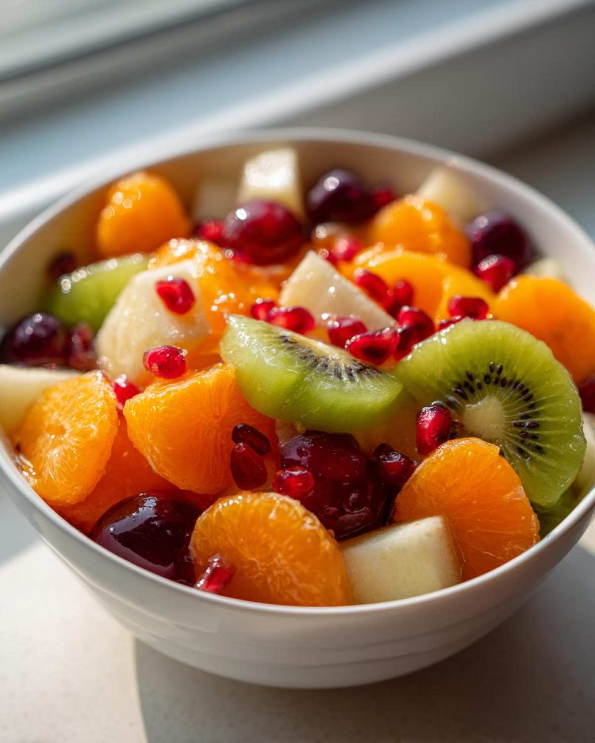 Close-up of a vibrant winter fruit salad featuring kiwi, orange segments, grapes, and pomegranate seeds in a white bowl.