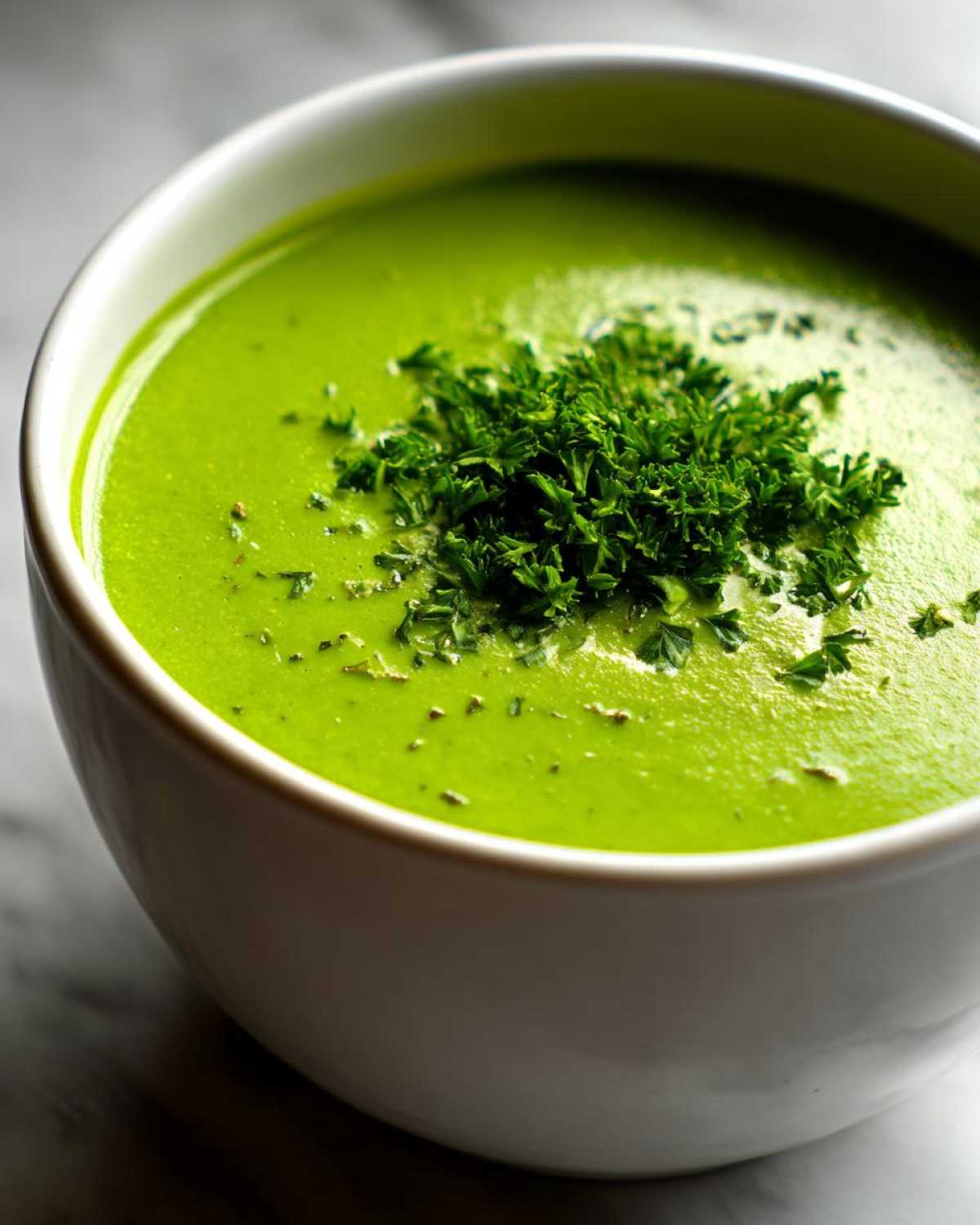 Close-up of vibrant green zucchini soup in a white bowl, topped with fresh chopped parsley.