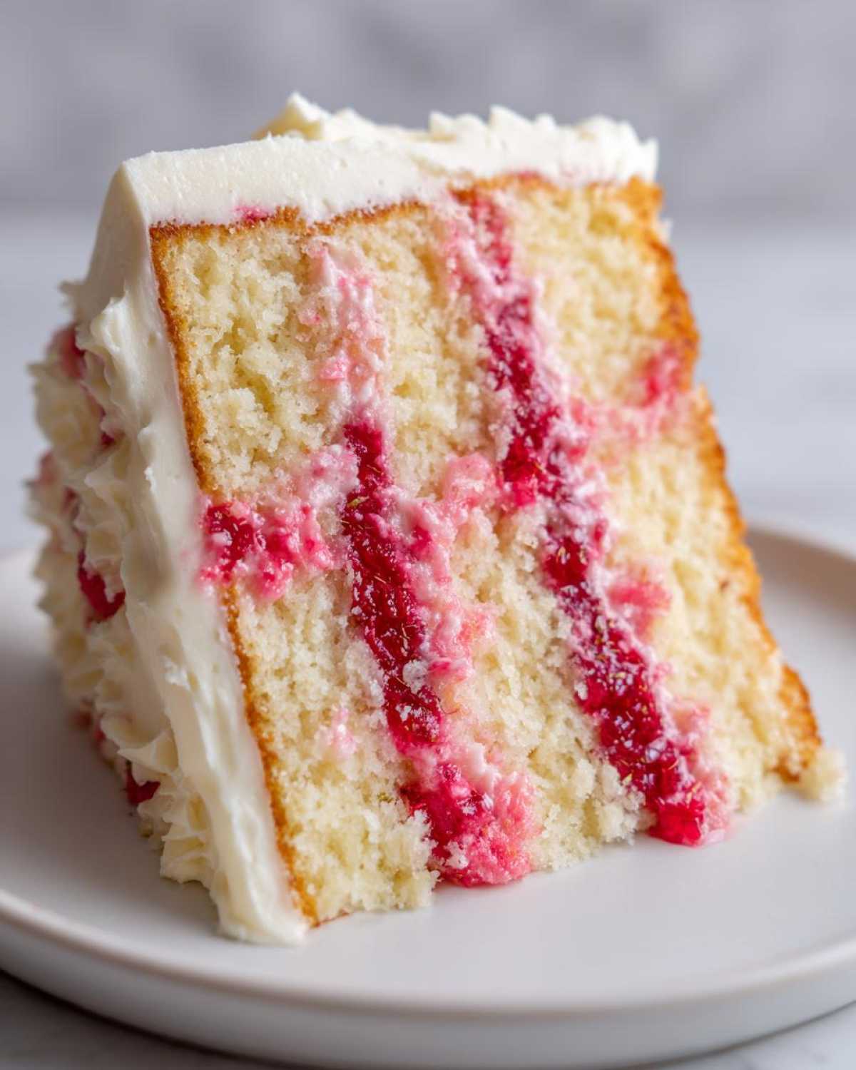 Close-up of a moist slice of white chocolate raspberry cake layered with bright pink raspberry filling and white frosting.