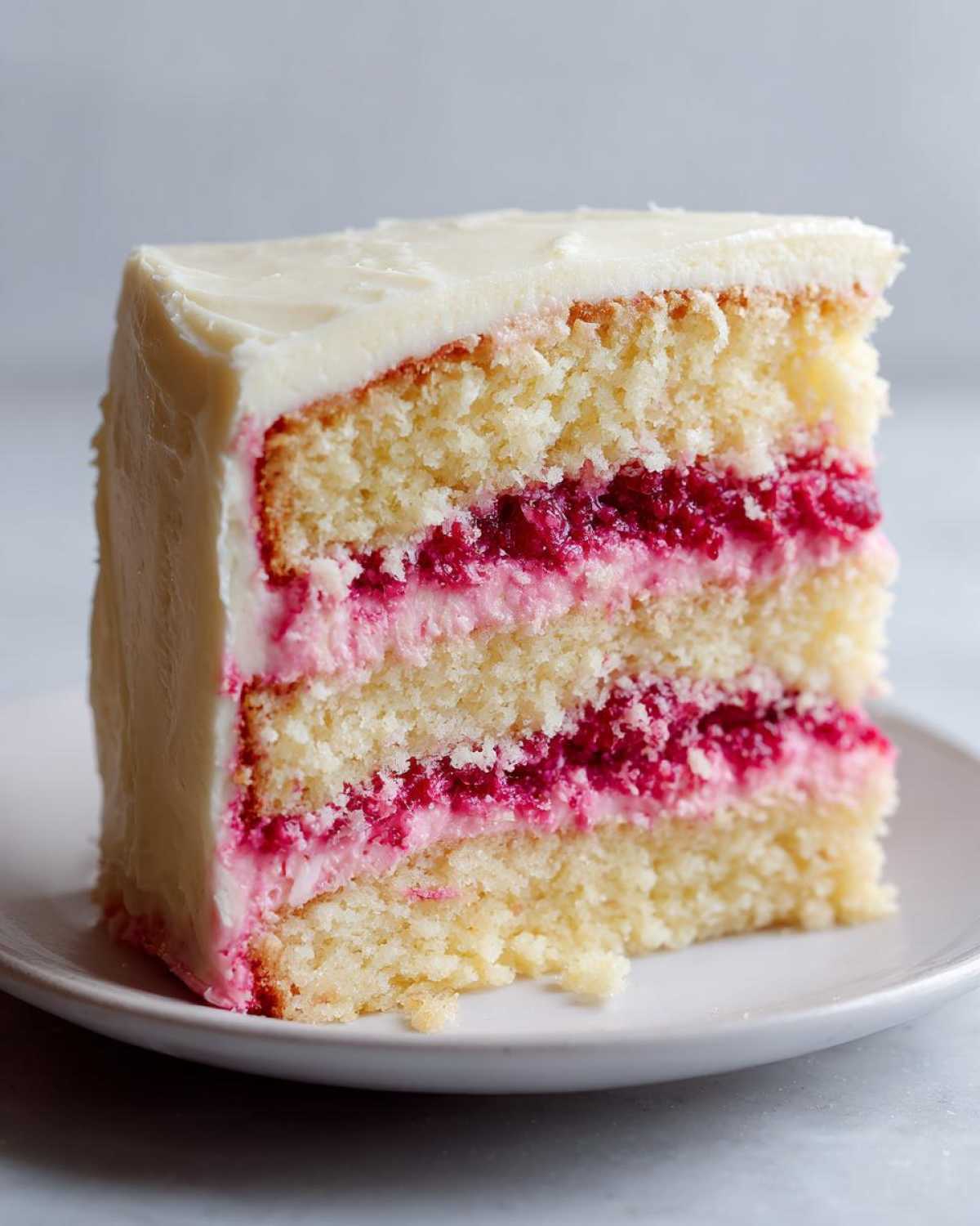 A perfect slice of white chocolate raspberry cake showing three layers of vanilla sponge, raspberry filling, and white frosting.