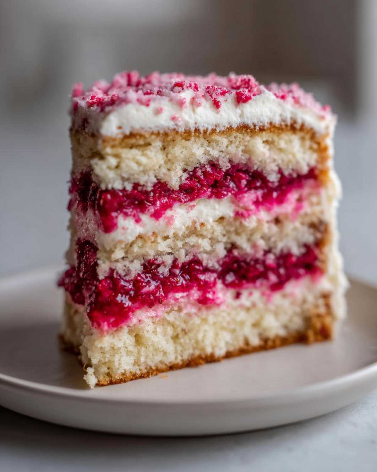 Close-up of a moist slice of white chocolate raspberry cake showing close-up of a moist slice of white chocolate raspberry cake showing layers of white cake, raspberry filling, and frosting topped with pink sprinkles.