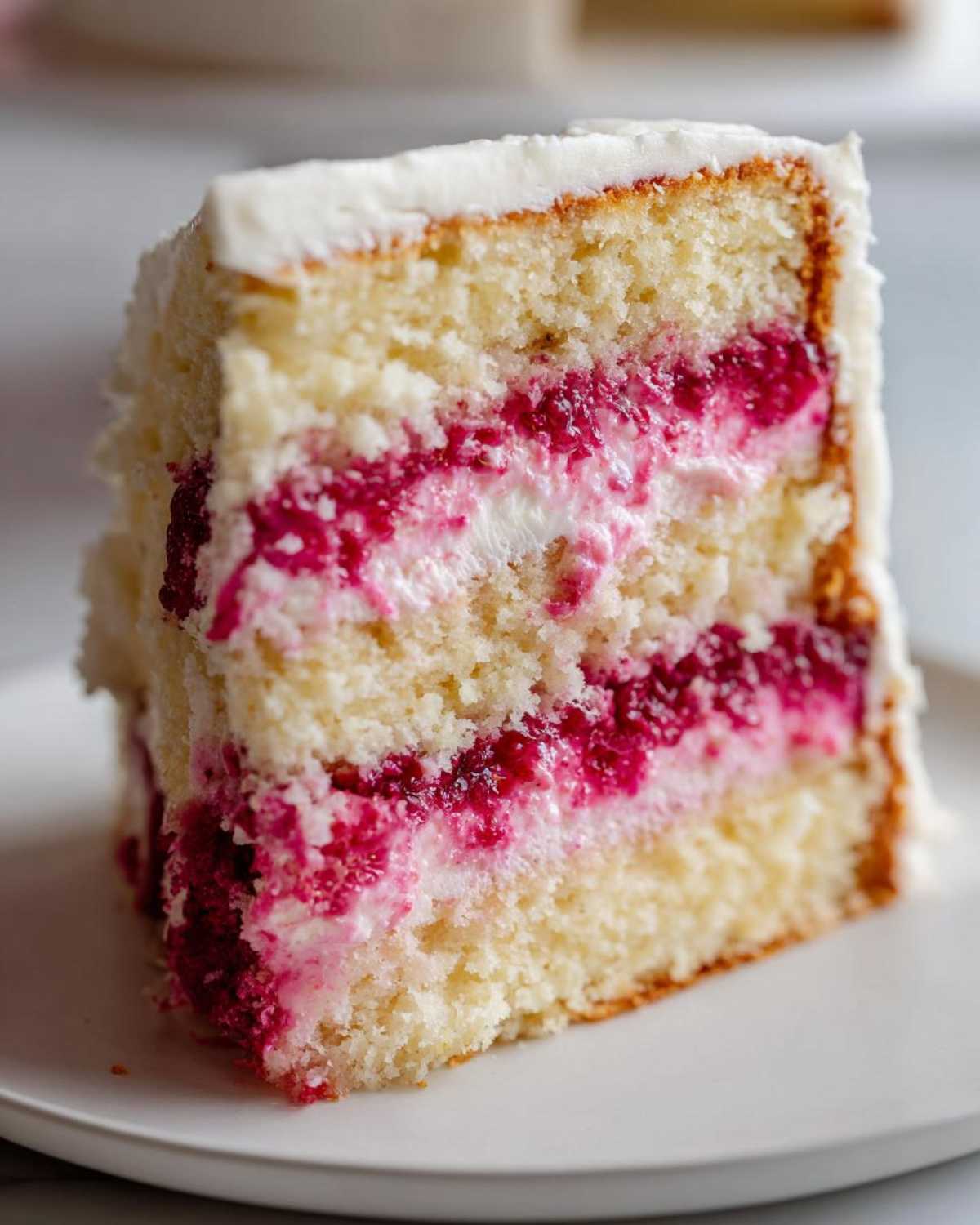 Close-up of a moist slice of white chocolate raspberry cake showing three layers of vanilla cake and raspberry filling.