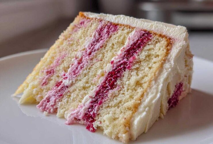 A close-up of a moist slice of white chocolate raspberry cake with layers of white cake and bright pink raspberry filling.