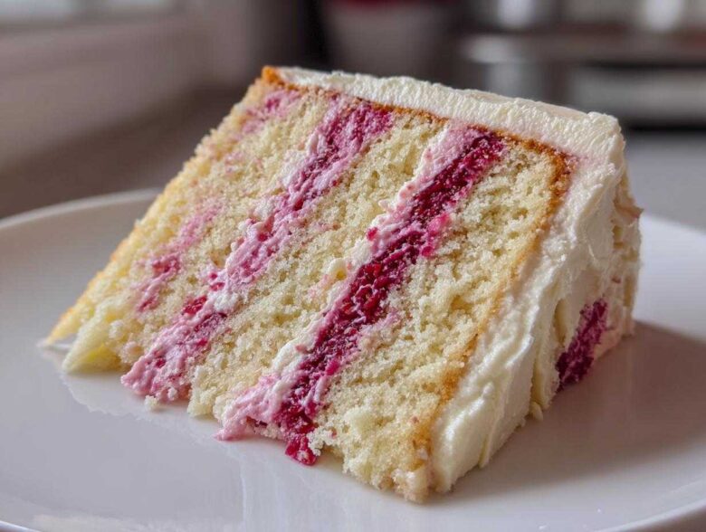 A close-up of a moist slice of white chocolate raspberry cake with layers of white cake and bright pink raspberry filling.
