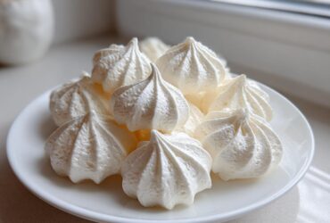 A close-up of several perfectly piped, white meringue cookies stacked on a small white plate near a window.