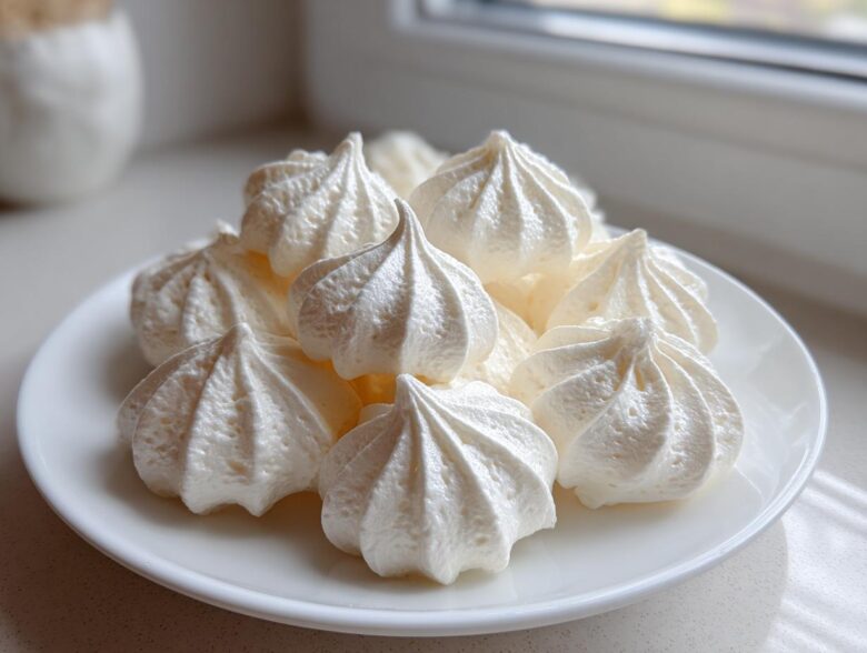 A close-up of several perfectly piped, white meringue cookies stacked on a small white plate near a window.