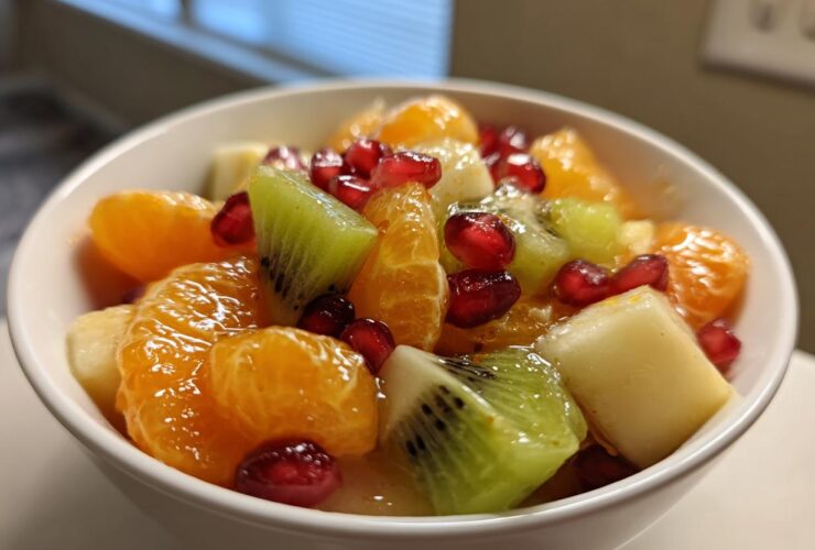 Close-up of a vibrant winter fruit salad featuring mandarin oranges, kiwi slices, and pomegranate seeds in a white bowl.