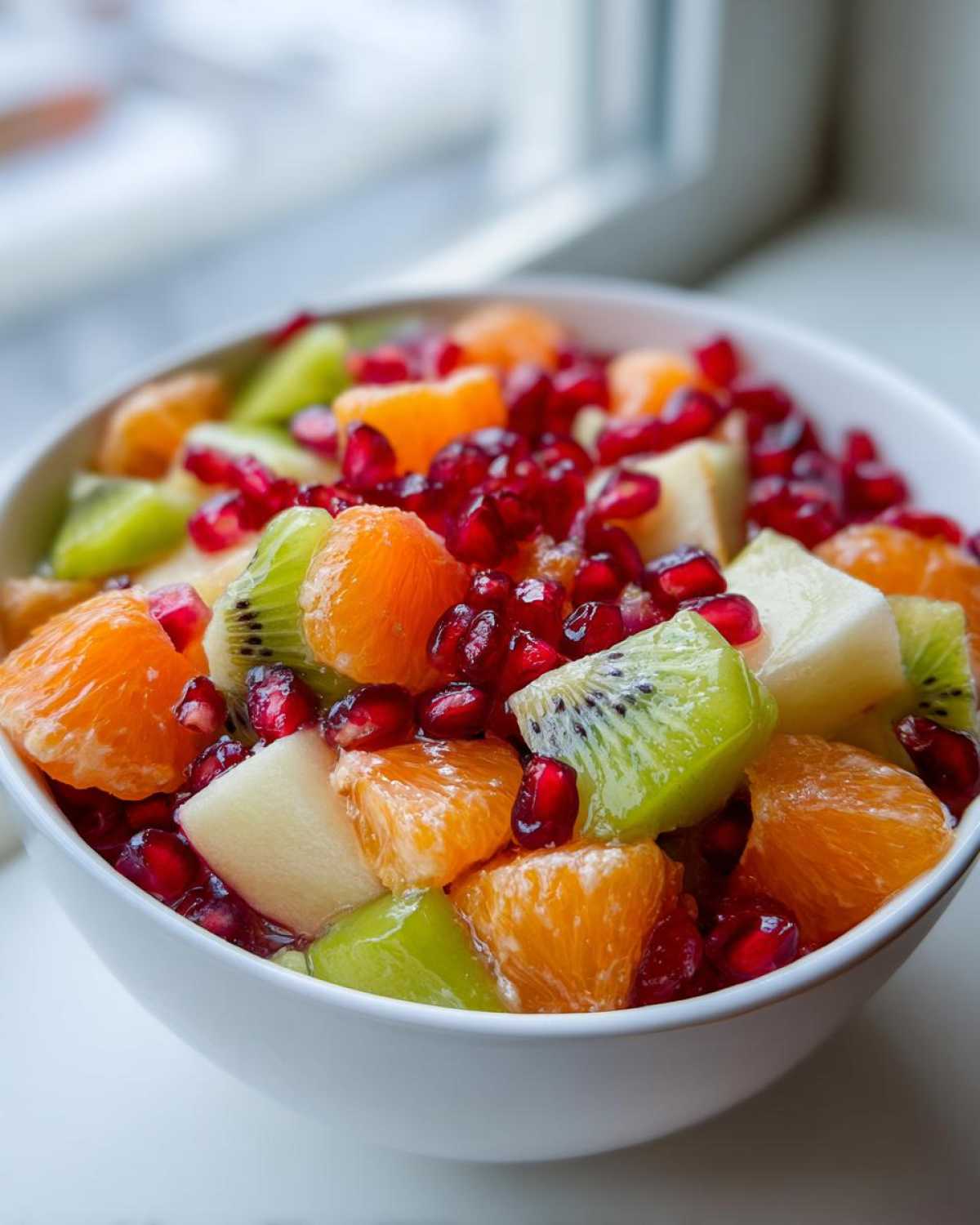 Close-up of a white bowl filled with a vibrant winter fruit salad featuring oranges, kiwi, and pomegranate seeds.