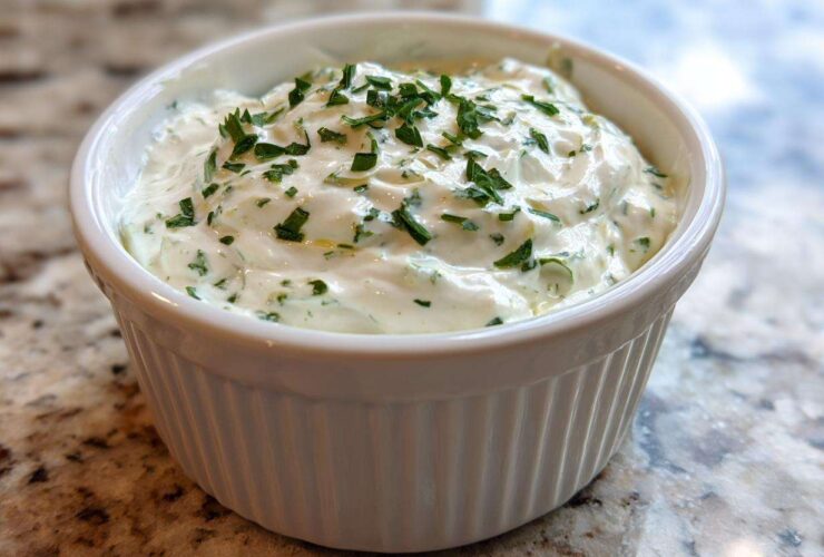 A close-up of creamy 5-Minute Greek Yogurt Ranch Dip topped with fresh chopped parsley in a white fluted ramekin.
