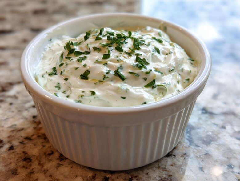 A close-up of creamy 5-Minute Greek Yogurt Ranch Dip topped with fresh chopped parsley in a white fluted ramekin.
