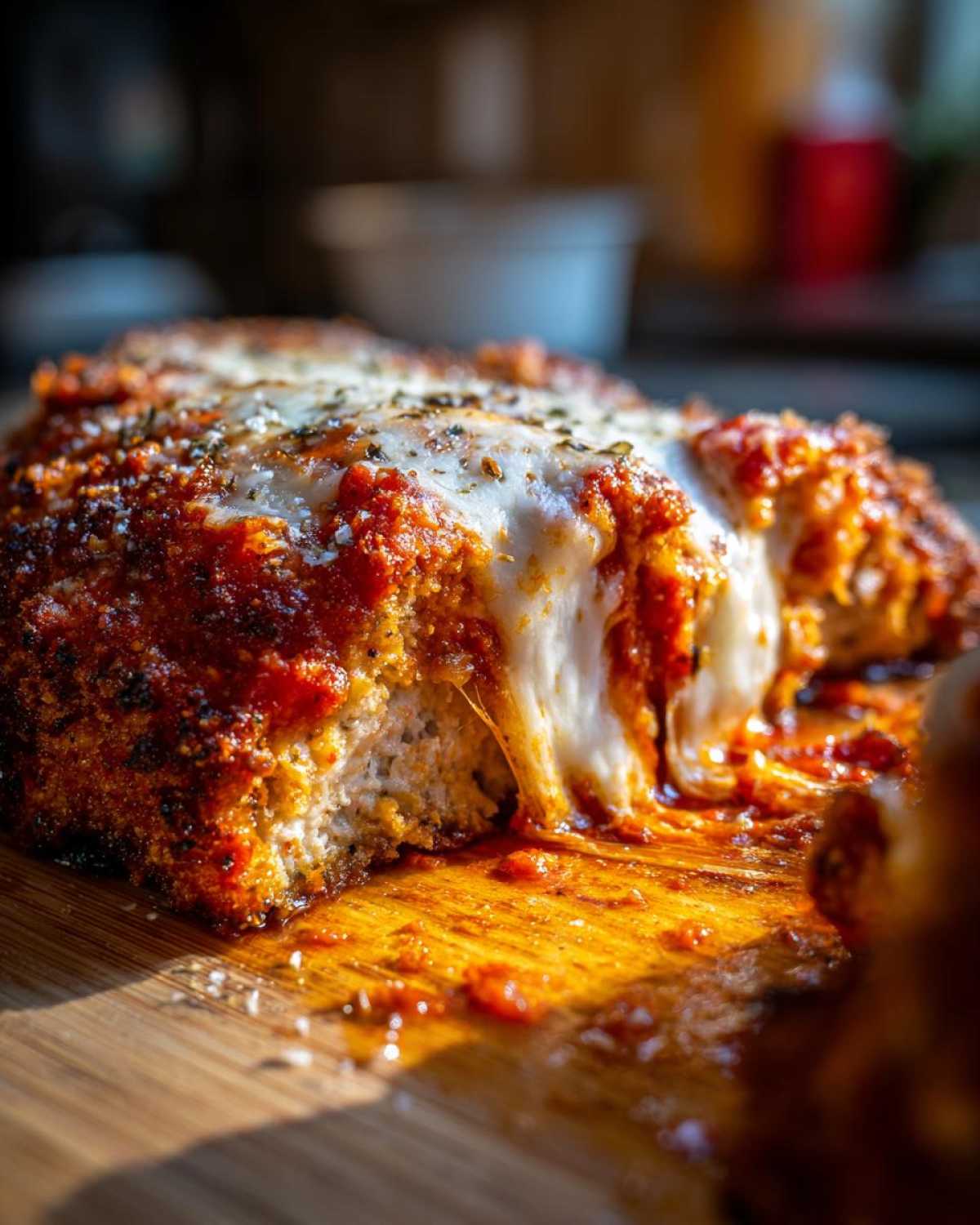 Close-up of a piece of Air Fryer Chicken Parmesan, showing a crispy crust, rich tomato sauce, and gooey, melted mozzarella cheese.