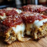 Close-up of crispy Air Fryer Chicken Parmesan topped with melted mozzarella and marinara sauce.