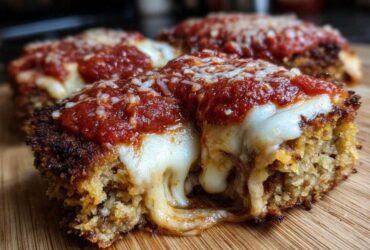 Close-up of crispy Air Fryer Chicken Parmesan topped with melted mozzarella and marinara sauce.