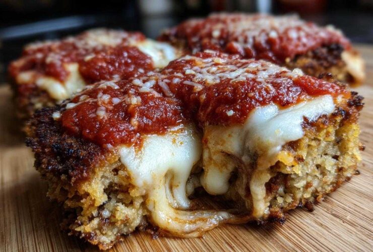 Close-up of crispy Air Fryer Chicken Parmesan topped with melted mozzarella and marinara sauce.