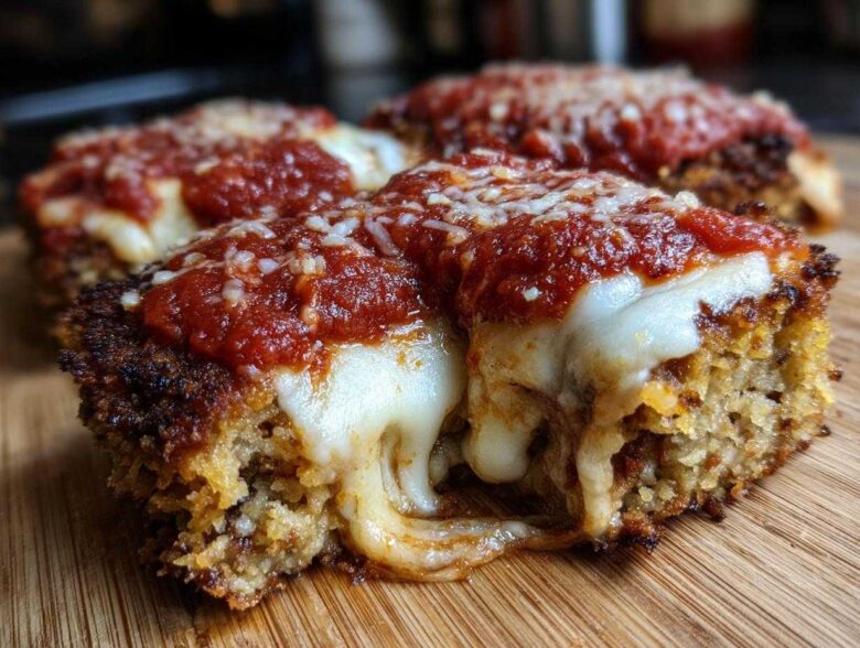 Close-up of crispy Air Fryer Chicken Parmesan topped with melted mozzarella and marinara sauce.