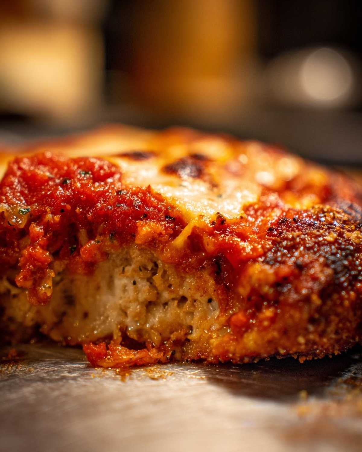 Close-up of a crispy Air Fryer Chicken Parmesan cut open, showing melted cheese and marinara sauce.