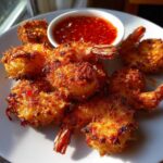 Golden brown, crispy Air Fryer Coconut Shrimp served on a white plate with a side of bright red sweet chili sauce.