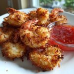 A plate of golden brown, crispy Air Fryer Coconut Shrimp served with a small bowl of bright red sweet chili dipping sauce.