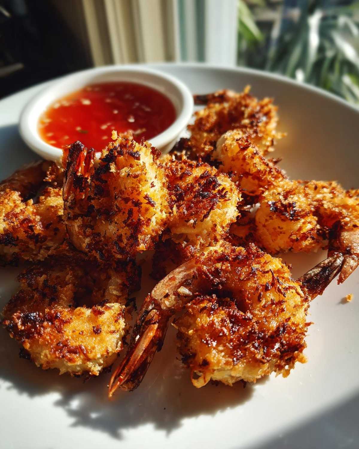 Close-up of golden brown Air Fryer Coconut Shrimp served on a white plate with a side of sweet chili sauce.