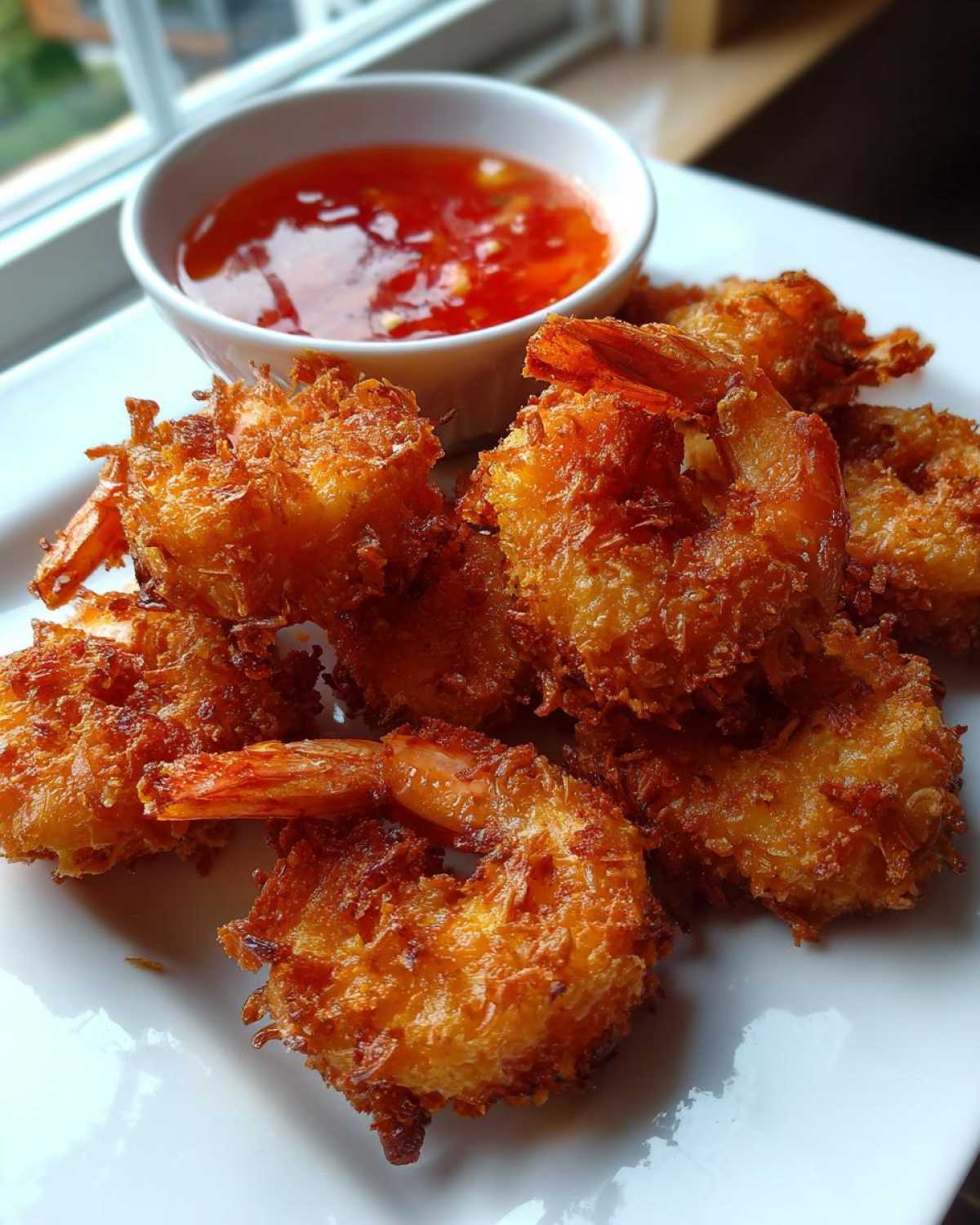 Golden brown, crispy Air Fryer Coconut Shrimp served on a white plate next to a small bowl of sweet chili sauce.