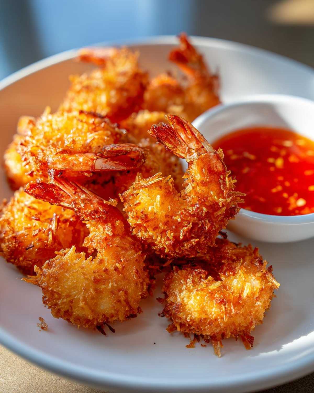 Close-up of crispy, golden Air Fryer Coconut Shrimp served on a white plate next to a small bowl of sweet chili sauce.