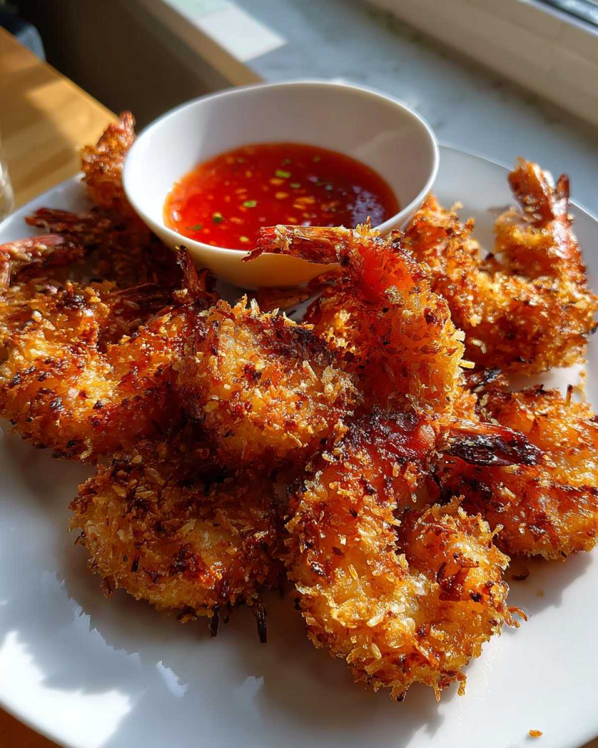 Golden brown, crispy Air Fryer Coconut Shrimp served on a white plate with a small bowl of sweet chili sauce.
