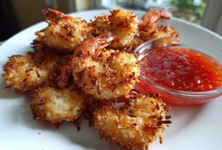 A plate of golden brown, crispy Air Fryer Coconut Shrimp served with a small bowl of bright red sweet chili dipping sauce.