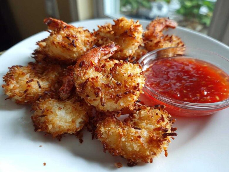 A plate of golden brown, crispy Air Fryer Coconut Shrimp served with a small bowl of bright red sweet chili dipping sauce.