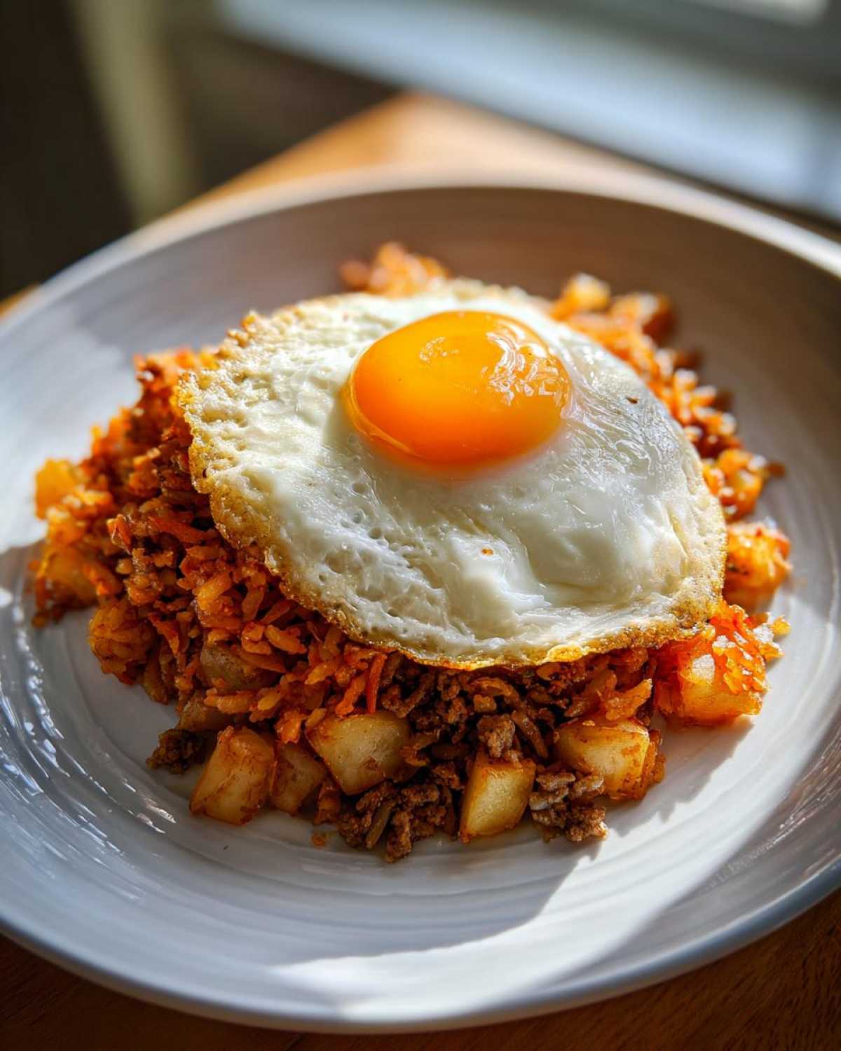 A plate of Air Fryer Corned Beef Hash with crispy potatoes, topped with a perfectly cooked sunny-side-up fried egg.