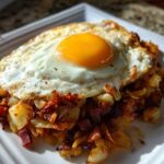 Crispy Air Fryer Corned Beef Hash topped with a perfectly cooked sunny-side-up egg.