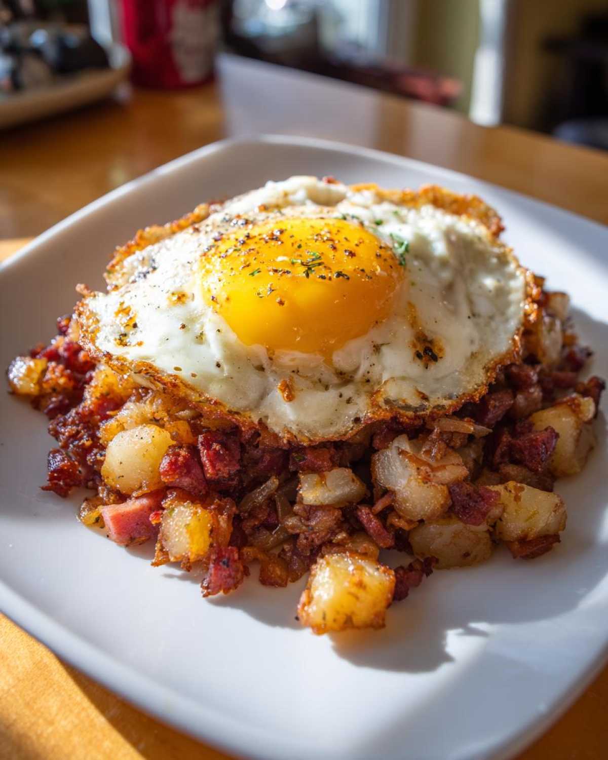 Close-up of Air Fryer Corned Beef Hash with Crispy Potatoes topped with a perfectly fried egg.