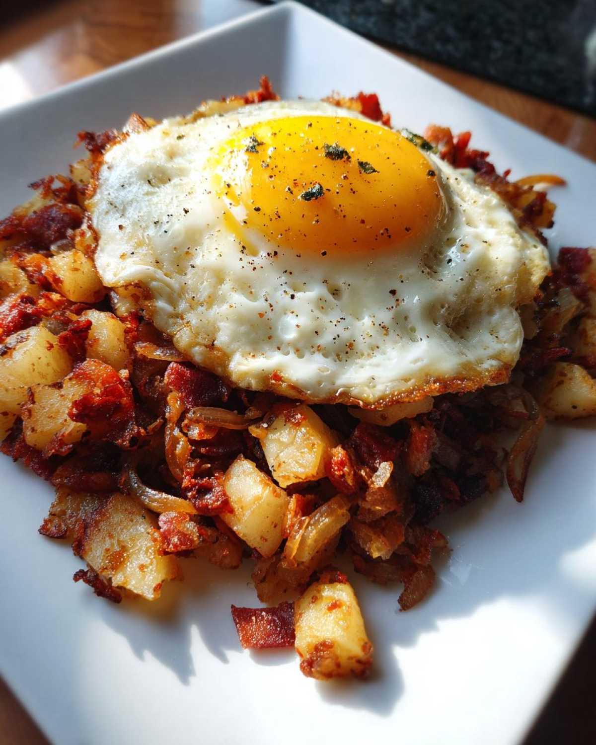 Crispy Air Fryer Corned Beef Hash topped with a perfectly fried sunny-side-up egg seasoned with pepper.