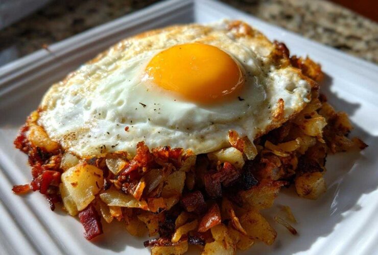Crispy Air Fryer Corned Beef Hash topped with a perfectly cooked sunny-side-up egg.