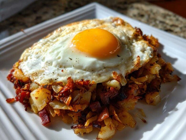 Crispy Air Fryer Corned Beef Hash topped with a perfectly cooked sunny-side-up egg.