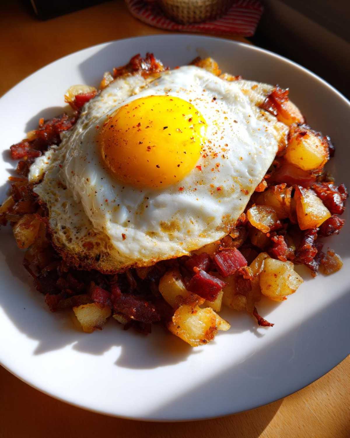 A plate of Air Fryer Corned Beef Hash with crispy potatoes, topped with a perfectly cooked sunny-side-up egg.