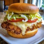 Close-up of an Air Fryer Crispy Fish Sandwich featuring a golden, breaded fillet topped with melted cheese, tomato, and lettuce on a brioche bun.
