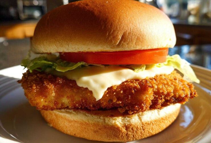 Close-up of an Air Fryer Crispy Fish Sandwich featuring a golden breaded fillet, melted cheese, lettuce, and tomato on a bun.